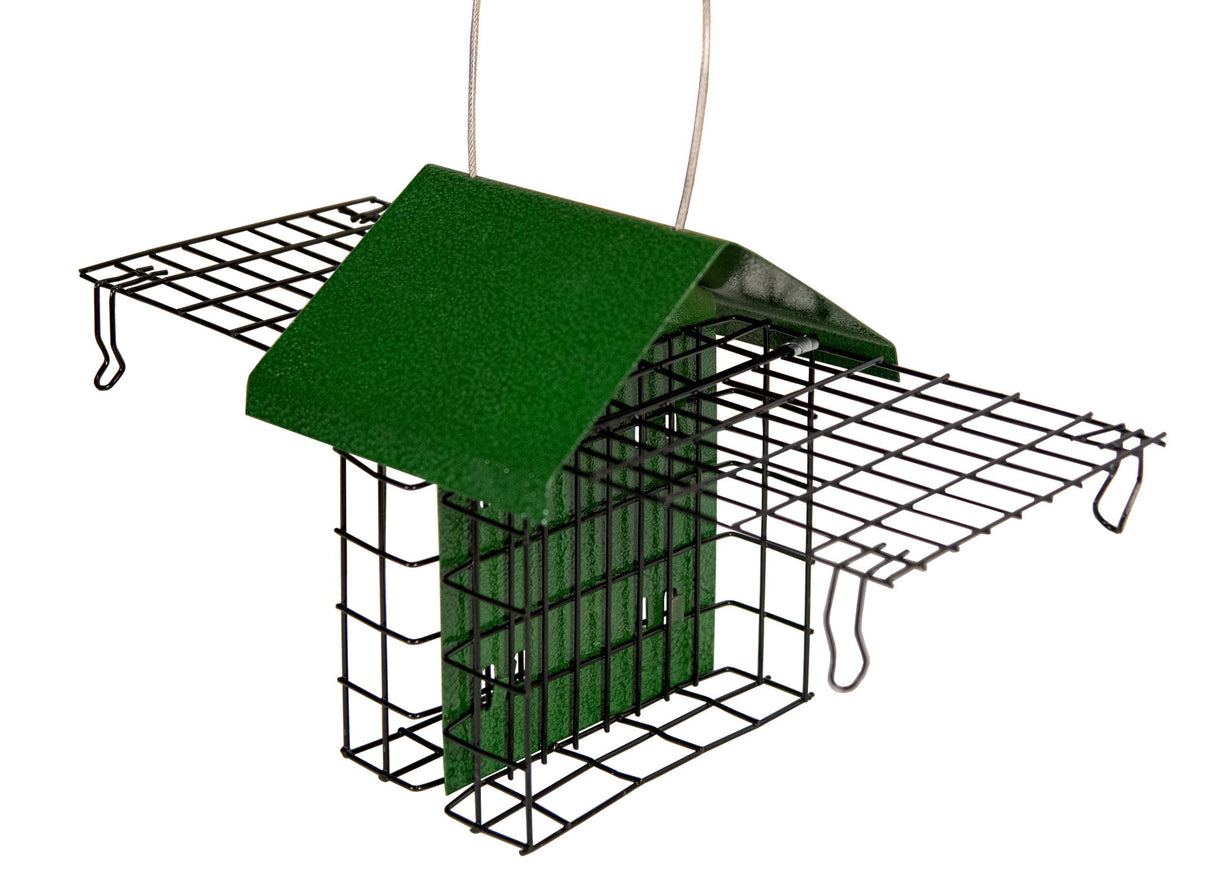 Product shot of a dark green and black metal suet feeder with protective wire cage and hanging cable showing textured paint and detailed wirework.