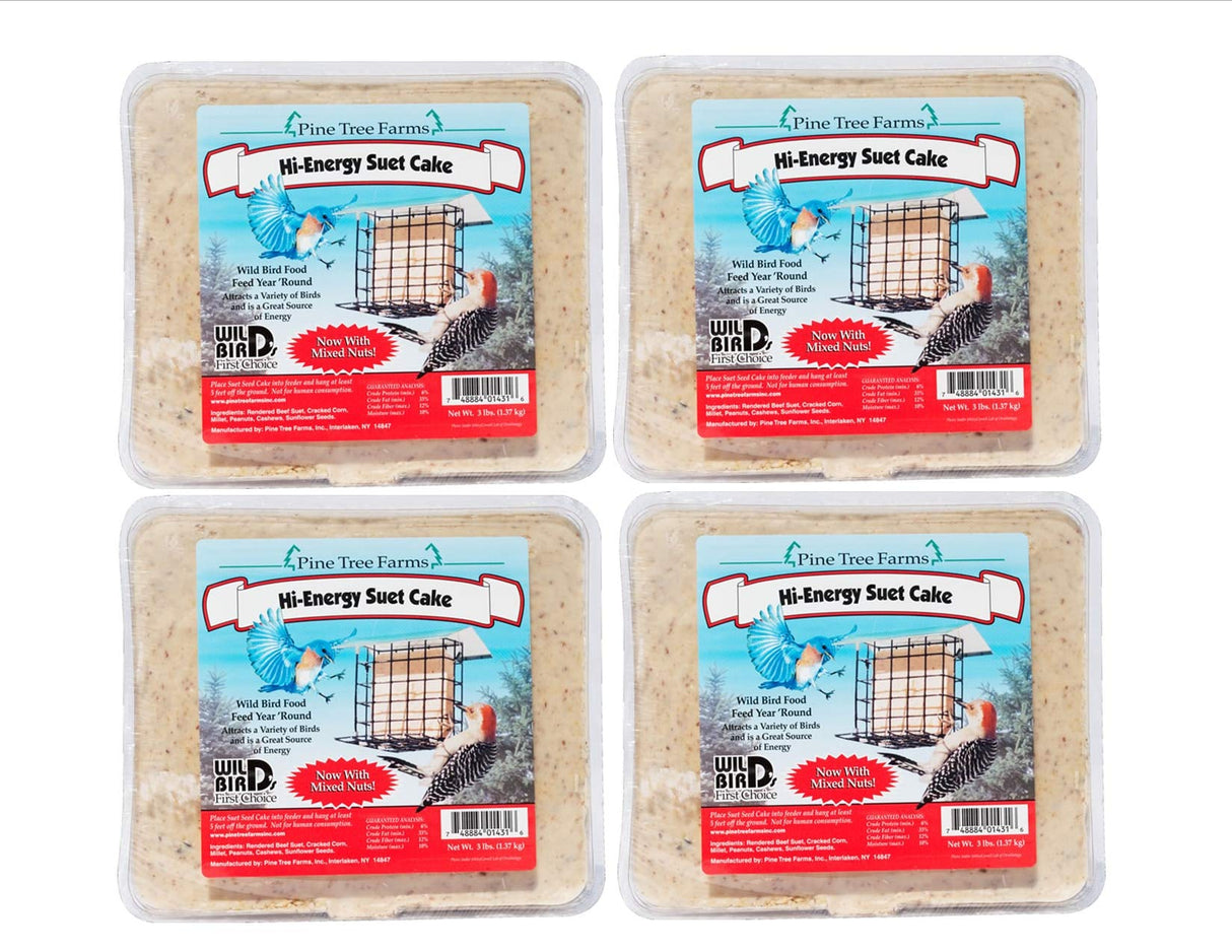Pine Tree Farms Hi-Energy Suet Cake, 3 lbs, wild bird food, ideal for attracting a variety of birds, 4-pack.