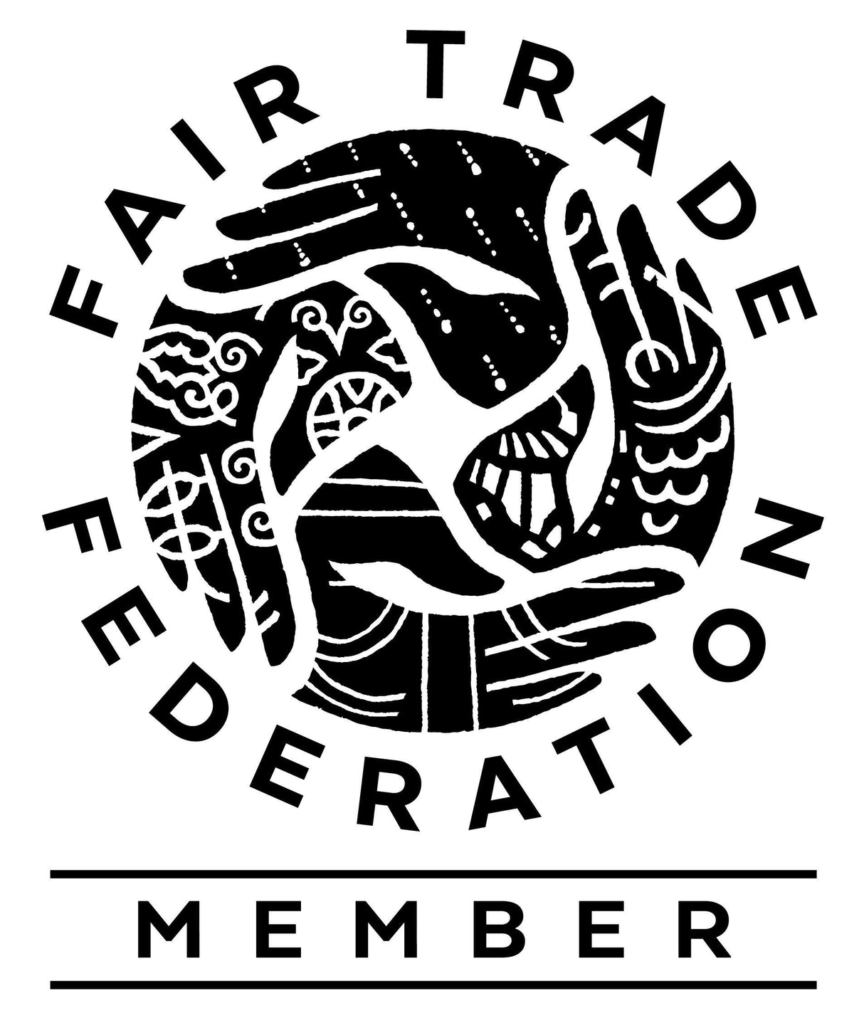 Fair Trade Federation member logo featuring artistic hands symbolizing cooperation and ethical trade.