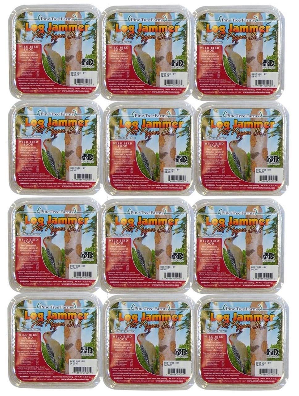 Pine Tree Farms Log Jammer Hot Pepper Suet packs, 12 plugs for attracting birds, 9.4 oz each, features spicy ingredients.