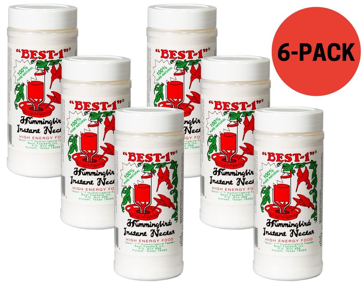 Product shot of six Best-1 Hummingbird Instant Nectar containers featuring a red hummingbird feeder and vibrant hummingbird illustrations against a white background, showcasing a 6-pack label and 100% pure natural claim