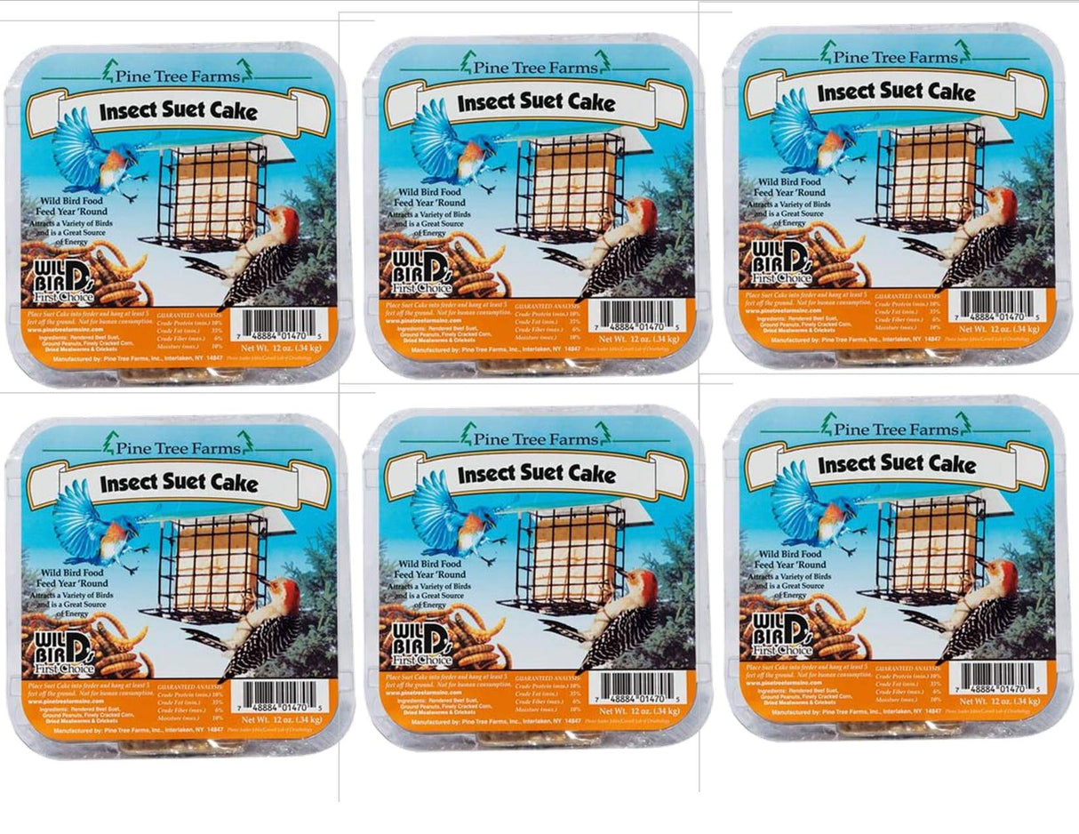 Pine Tree Farms Insect Suet Cake packaging showing bluebirds, a woodpecker, and a bird feeder against a bright blue background with images of mealworms and detailed nutritional information