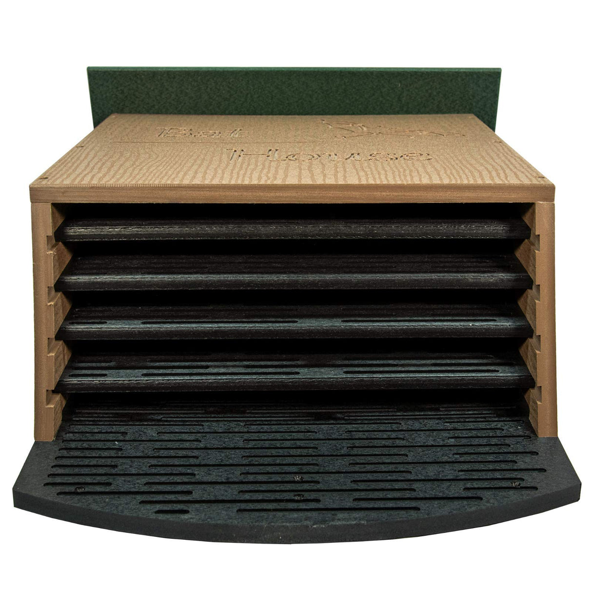 Product shot of a Best 7-Tray Insect House featuring a tan wood-like frame, dark gray trays with ventilation holes, and a dark green top