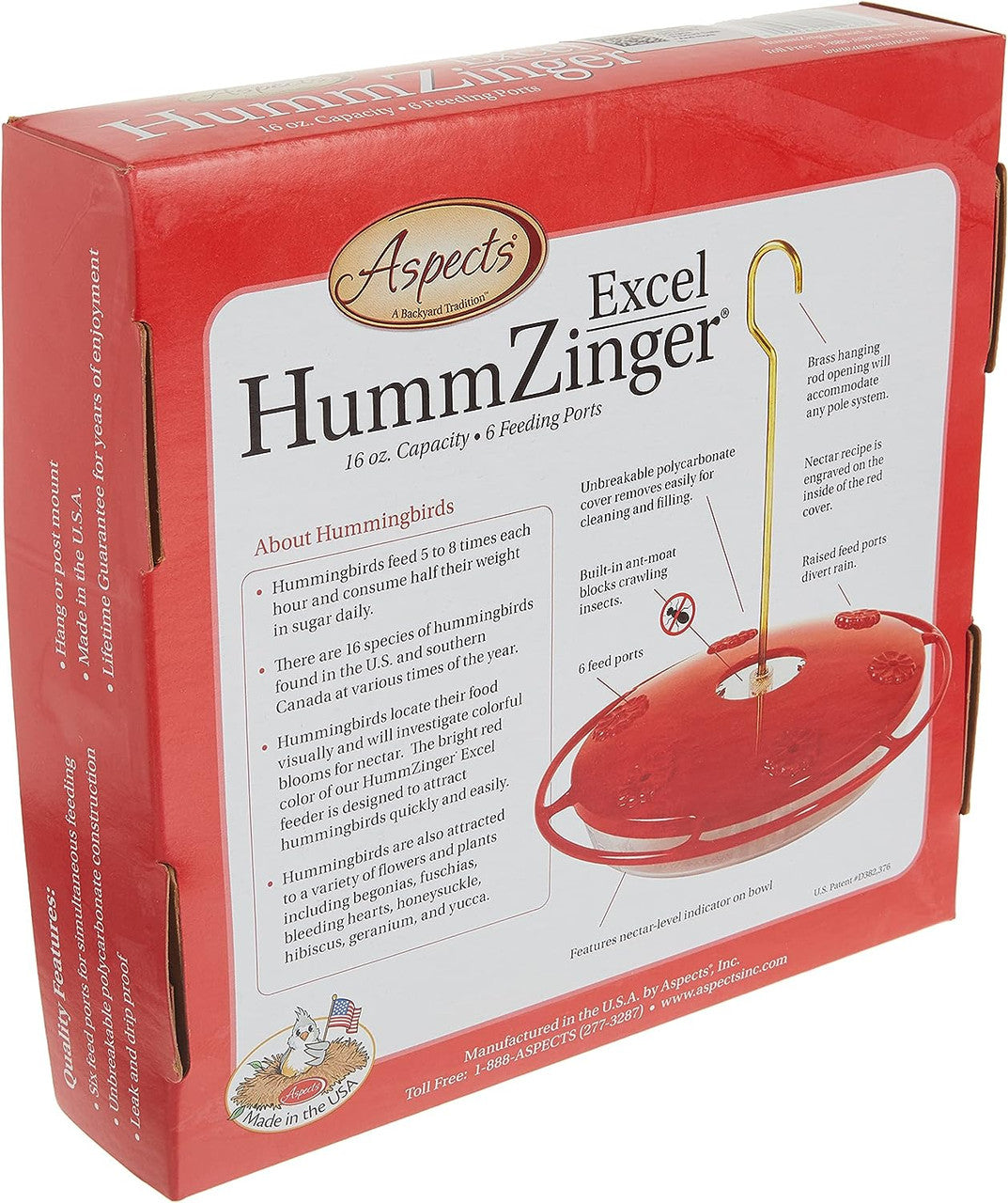 Aspects 143 HummZinger Excel Hanging Hummingbird Feeder packaging showcasing features and capacity of 16 oz.