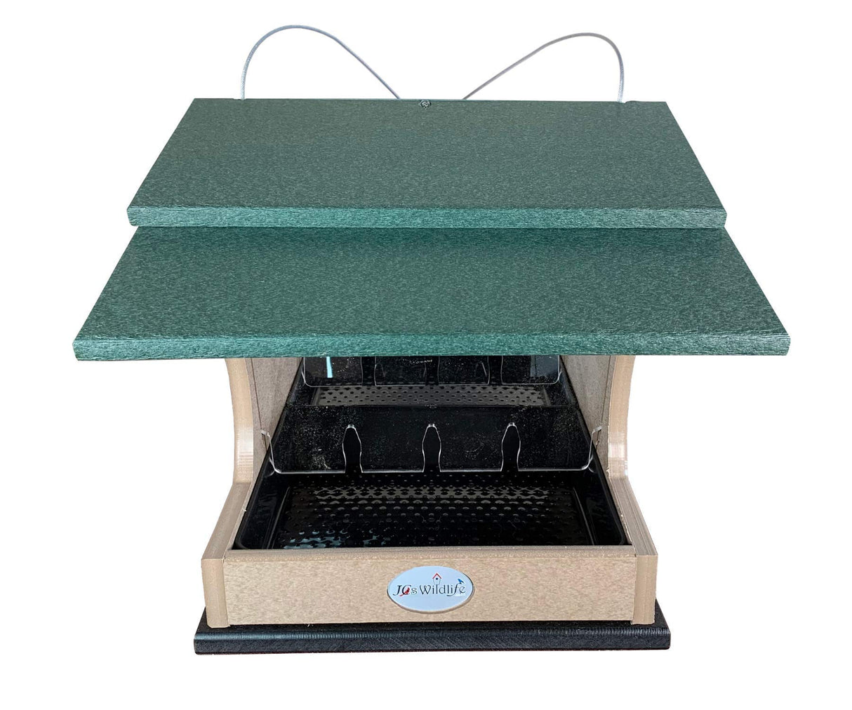 Jos Wildlife double-roofed bird feeder with tan base, dark green top, and clear plastic dividers showcasing a textured black feeding tray
