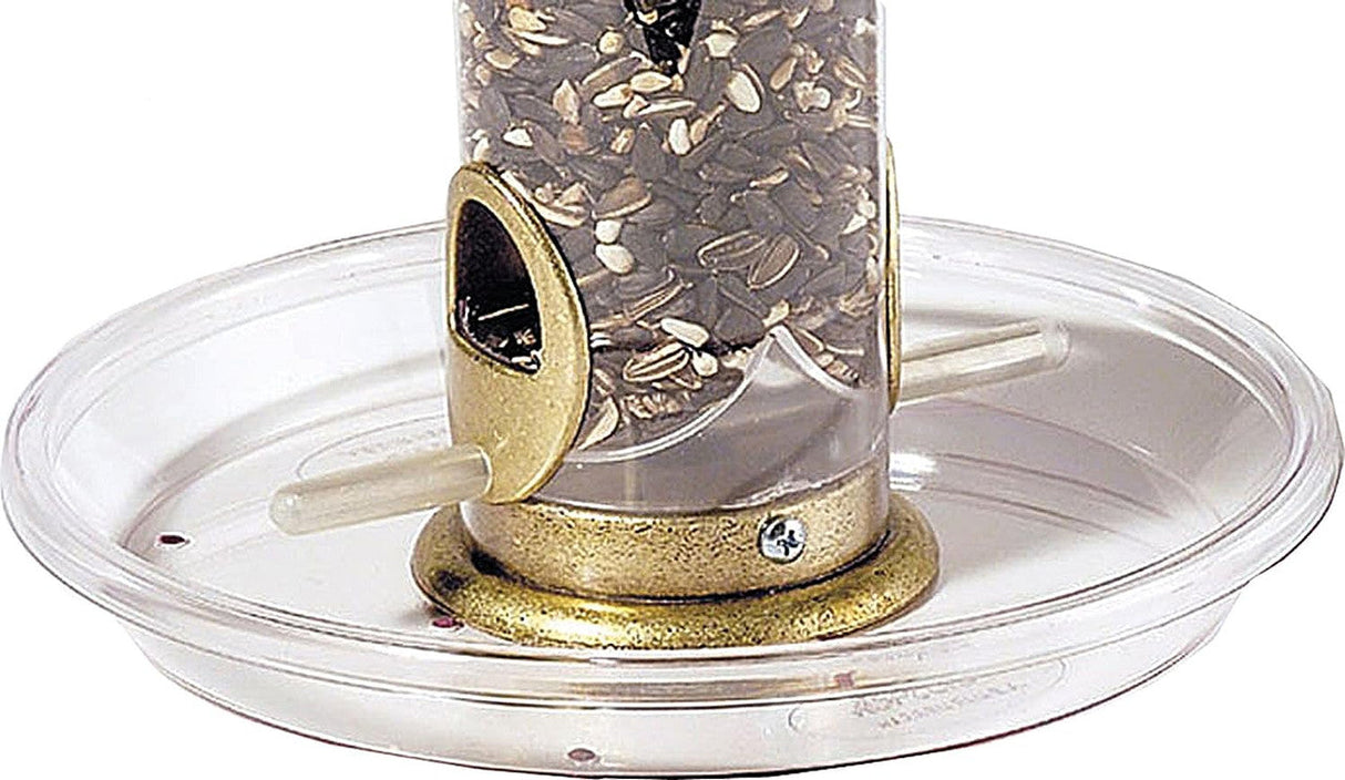 Aspects 050 Round Seed Tray with bird feeder, 8.5" diameter, durable polycarbonate, reduces debris under feeder.