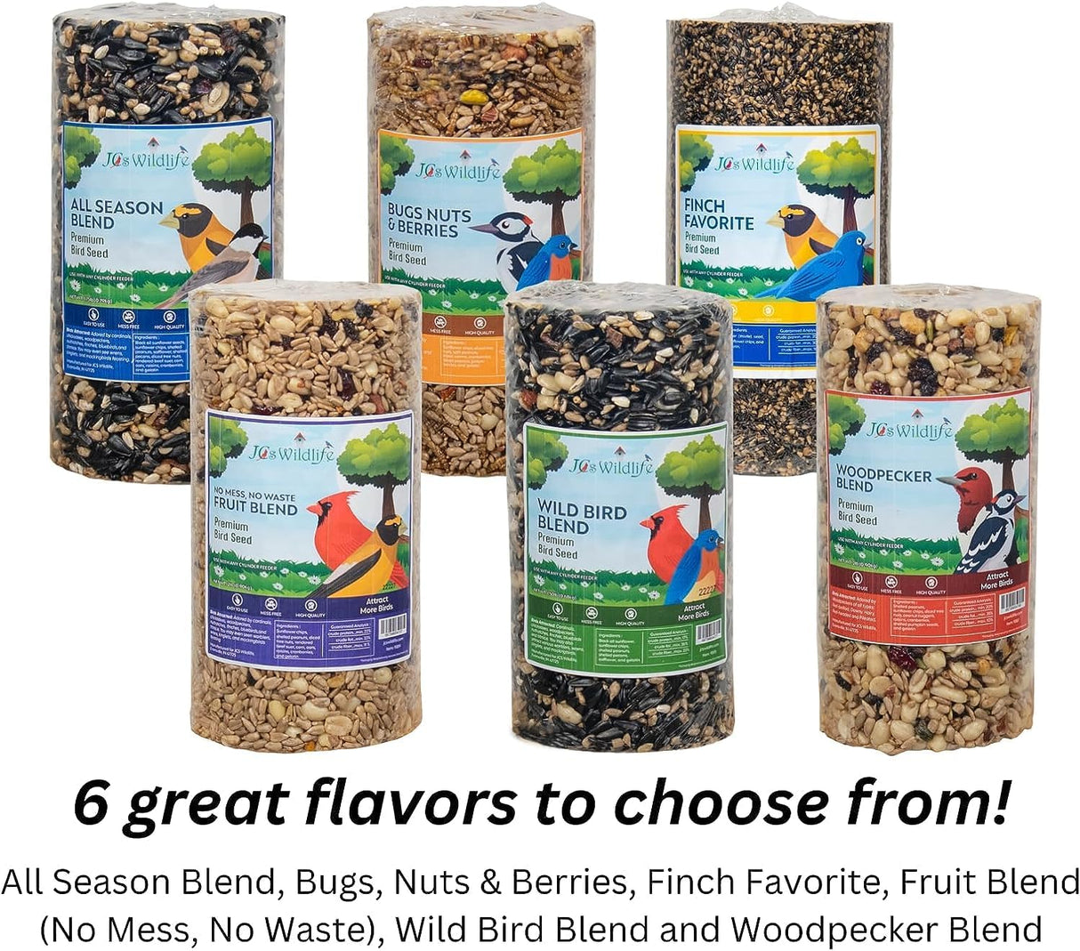 JCS Wildlife Finch Favorite Premium Bird Seed Small Cylinder and other blends, showcasing six choices for backyard birds.