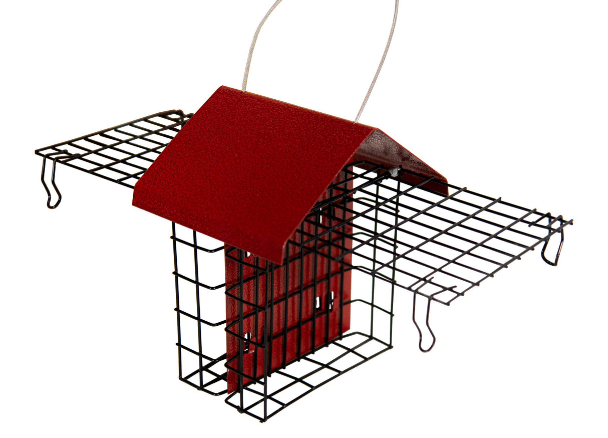 Product shot of a red and black metal squirrel-resistant bird feeder with wire mesh sides and a textured red roof showing a hanging loop