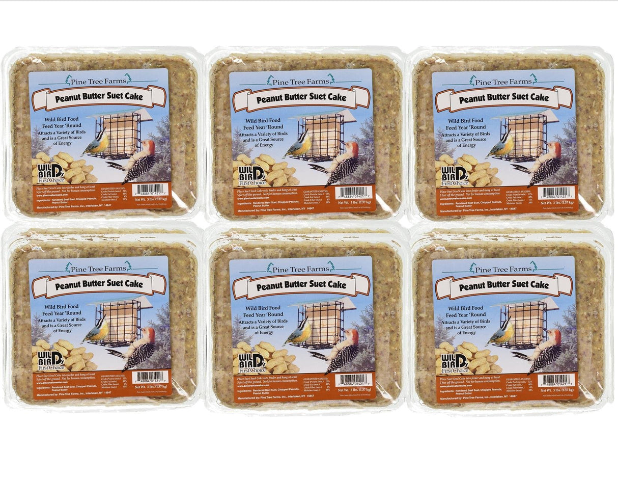 Pine Tree Farms six-pack of peanut butter suet cakes featuring a bird feeder, a chickadee, and a woodpecker against a background of peanuts and showcasing rich brown suet,  vibrant yellow peanuts, and a classic bird feeder design