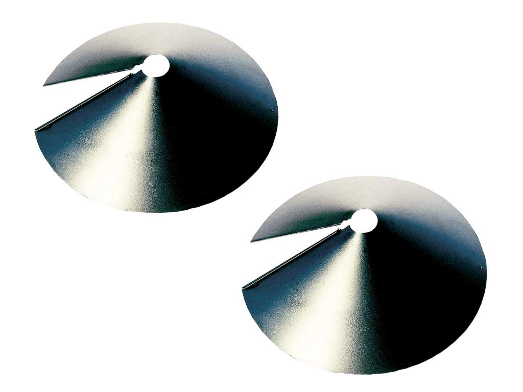 Two metal squirrel baffle feeders showing a dark metallic sheen and a central cone with a cut-out section for easy installation