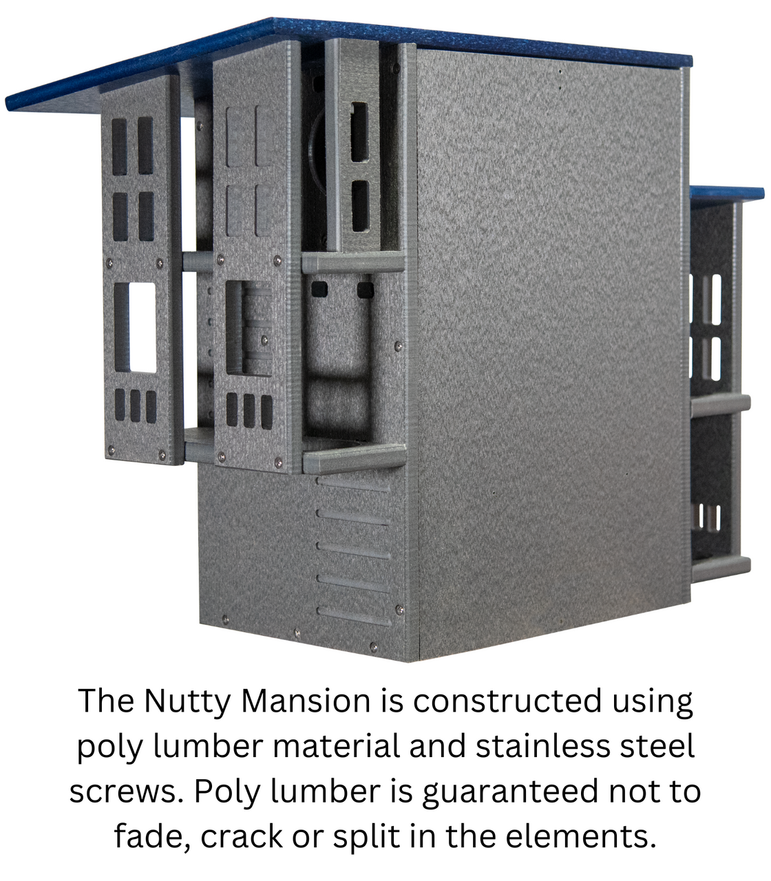 Poly lumber playhouse model The Nutty Mansion features a gray main structure, blue roof, and numerous windows and doors, showcasing stainless steel accents and textured poly lumber siding