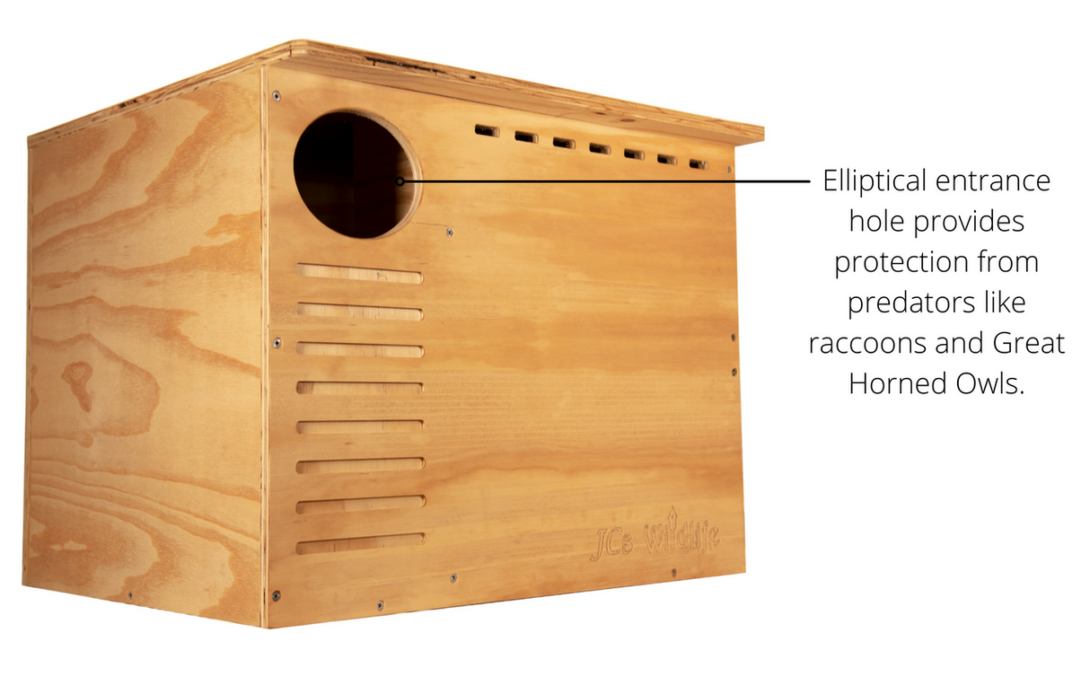 JCs Wildlife wooden birdhouse featuring an elliptical entrance hole, ventilation slots, and the company logo showcasing a light brown hue and a smooth finish