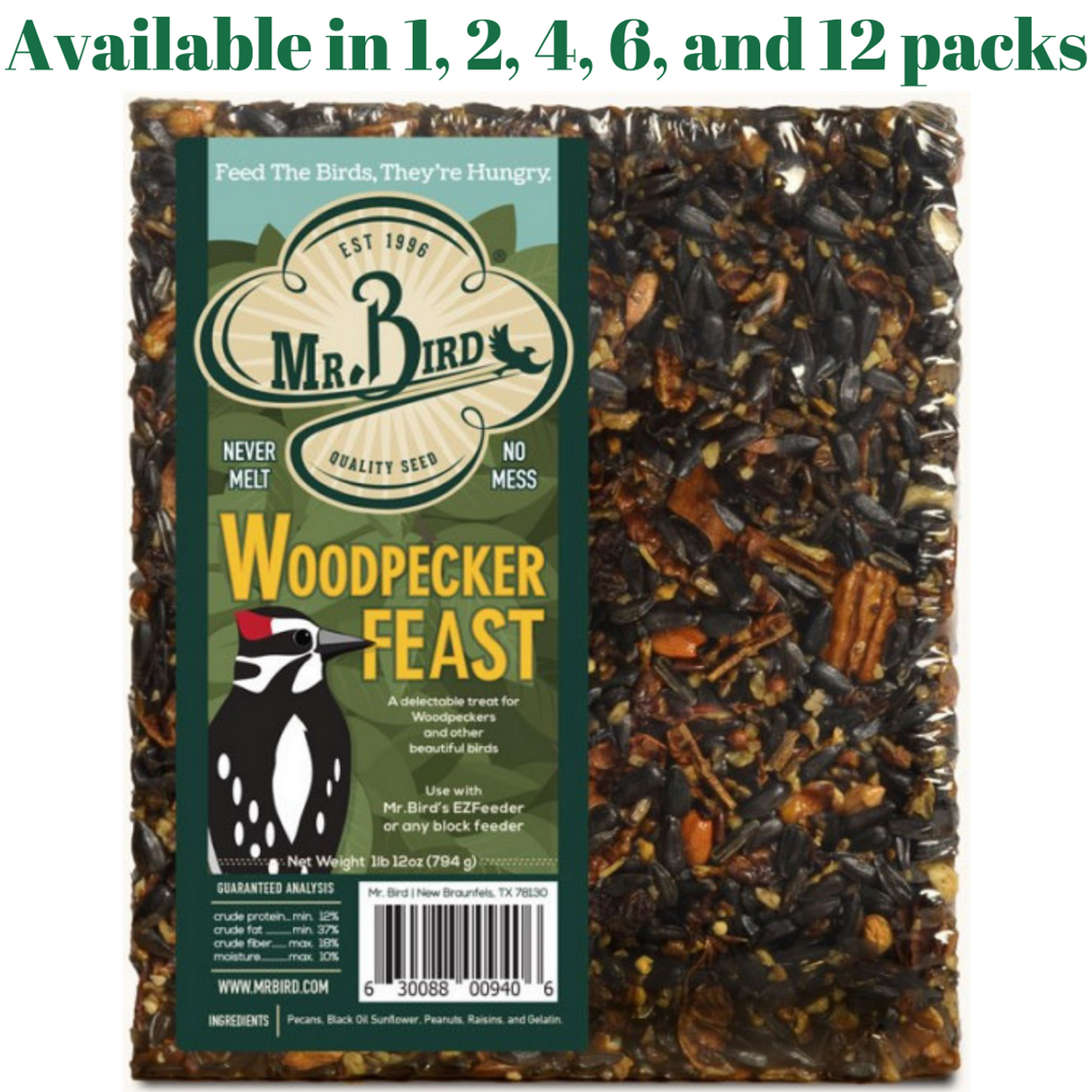 Mr. Bird Woodpecker Feast large seed block featuring black oil sunflower seeds, peanuts, pecans, and raisins in 12 pack bundle.