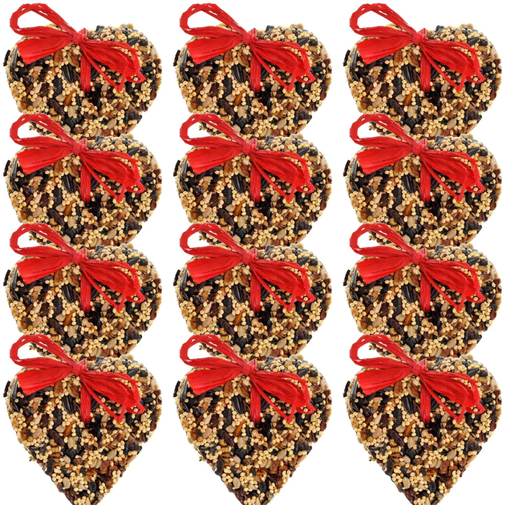 Twelve heart-shaped birdseed cakes adorned with red bows feature a mix of seeds nuts and berries against a white background
