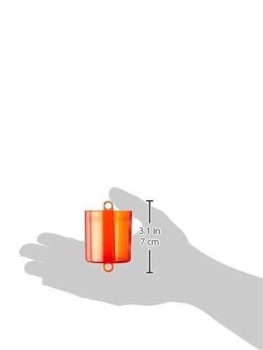 Product shot showing a translucent orange plastic cylindrical container with two small metal rings held in a hand against a white background