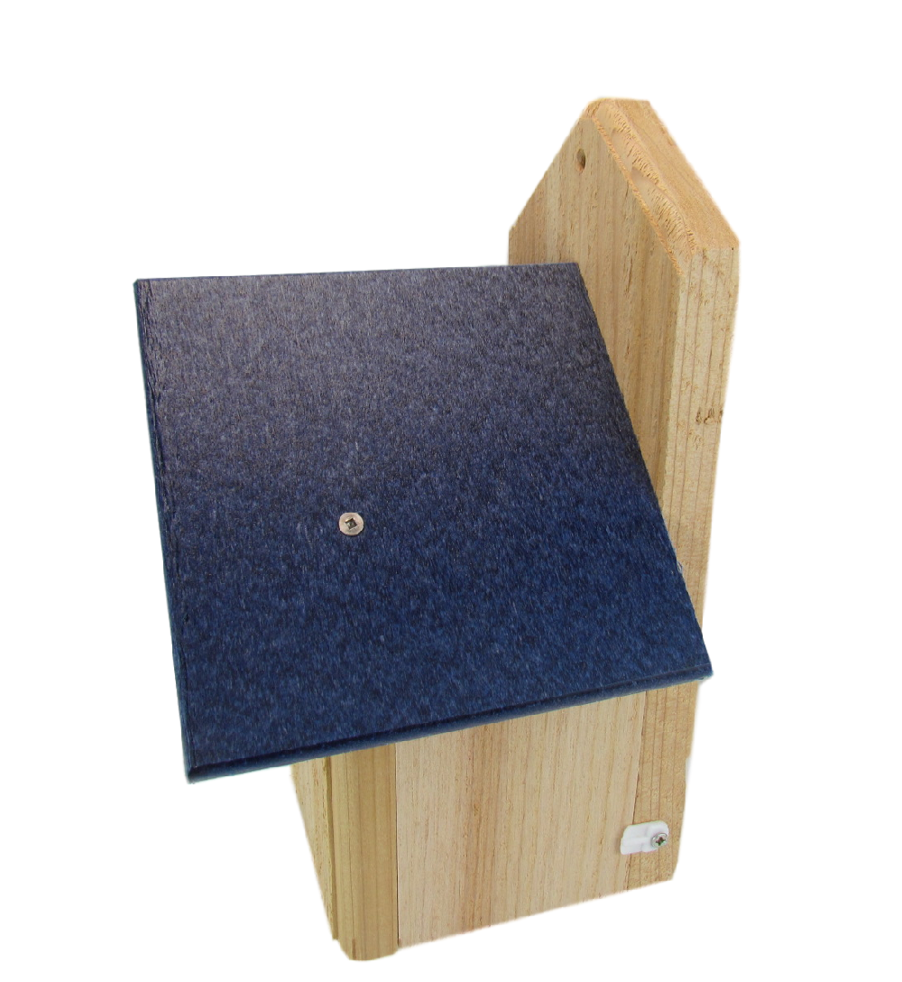 Wooden birdhouse with a dark blue waterproof roof showing a visible screw and white plastic mounting bracket