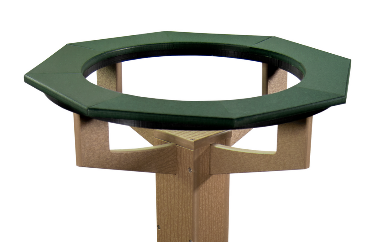 JCS Wildlife Poly Lumber Tan Pedestal Garden Bird Bath top view with green rim and sturdy base for yard birdwatching.