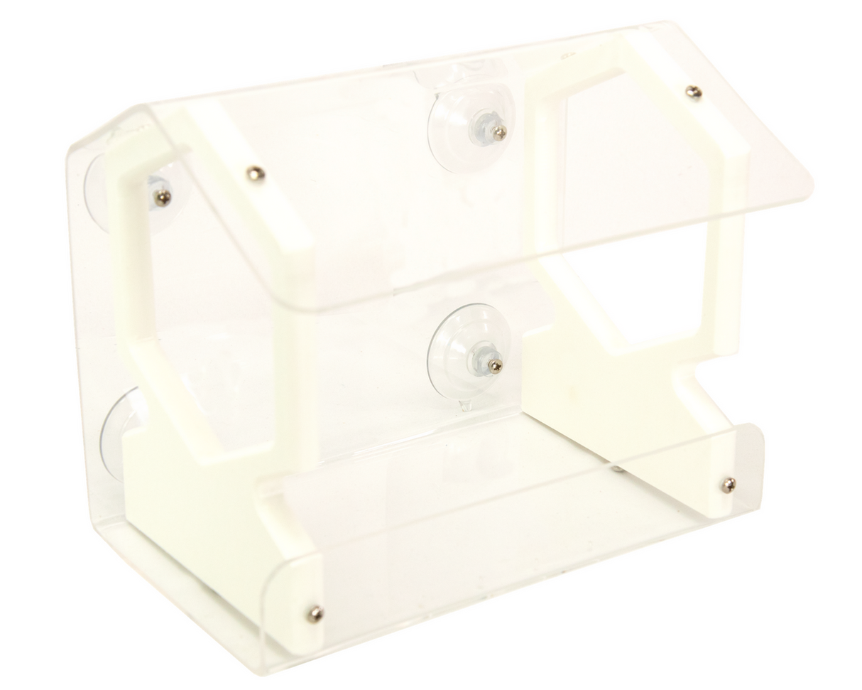 Acrylic bird feeder with suction cups clear acrylic body and off-white accents showing small screws for assembly