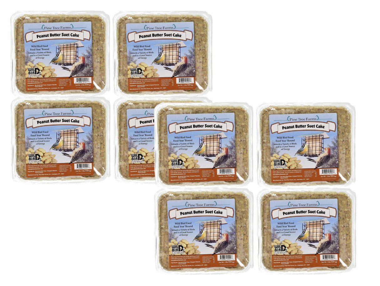 Pine Tree Farms peanut butter suet cakes for wild birds shown in a package with a bird feeder, peanuts, and a colorful woodpecker and goldfinch