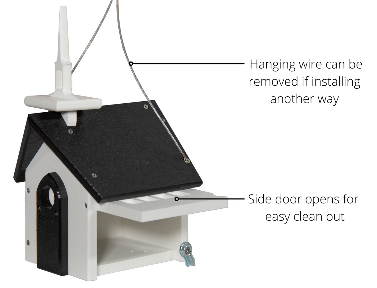 Wood birdhouse, featuring a charming church-style design with a white steeple, black roof, and a side access door for easy cleaning, showcasing a unique blend of colors and a functional hanging wire