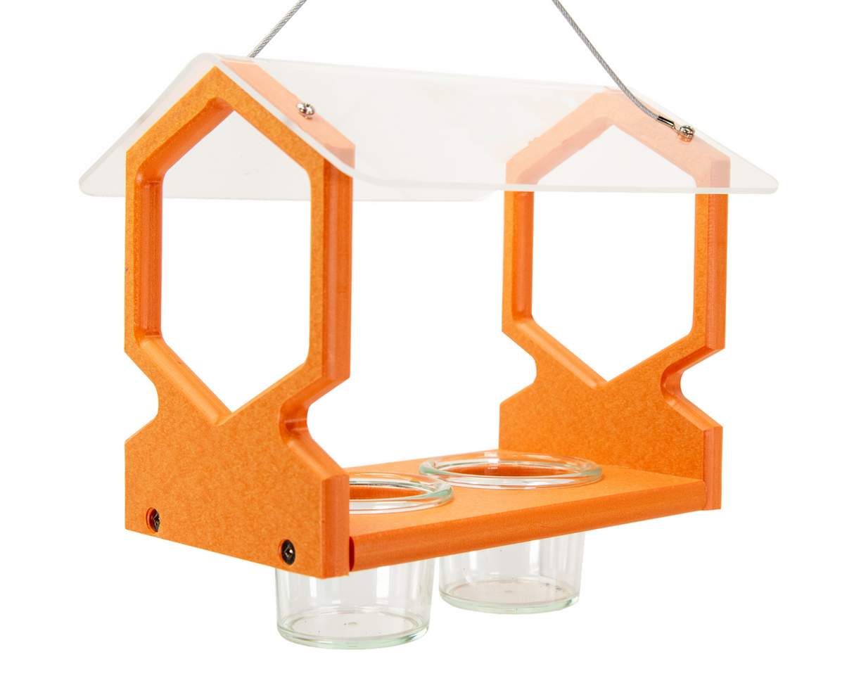 JCS Wildlife Geometric Hanging Oriole Feeder in bright orange with two plastic jars and clear roof for grape jelly.