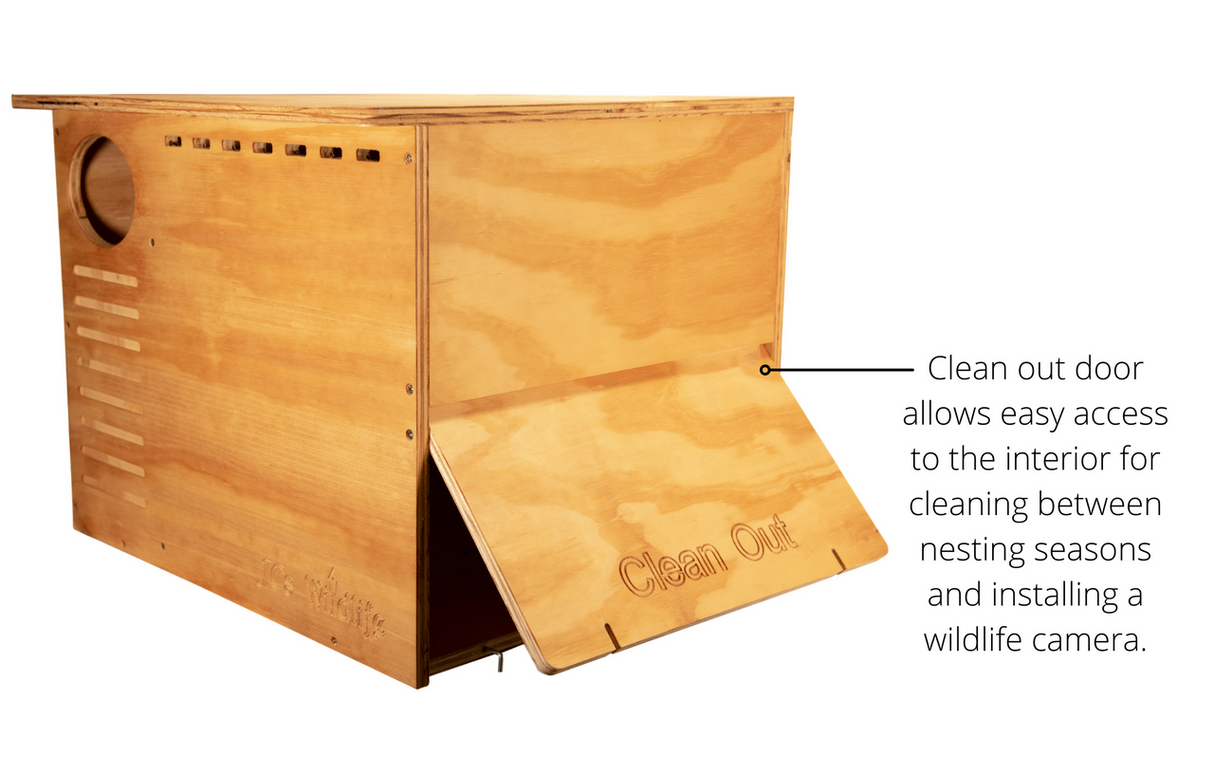 Wooden wildlife box by 10e Wildlife showing a clean-out door, ventilation slots, and light-brown wood grain with engraved text