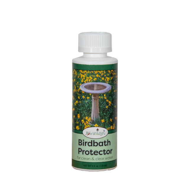 Product label photograph showing J&S Wildlife Birdbath Protector bottle featuring a stone birdbath amidst vibrant yellow daffodils and green grass