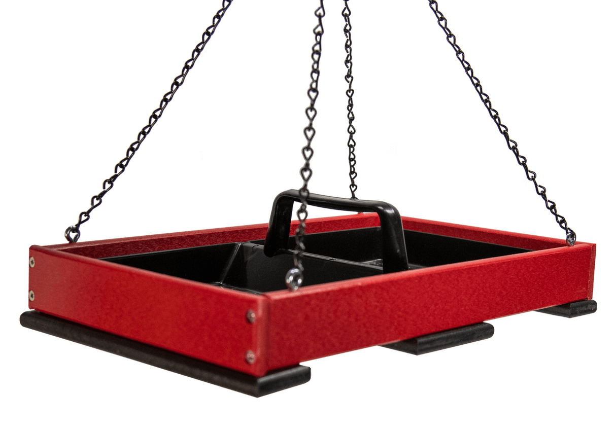 JCS Wildlife Large Poly Lumber Hanging Platform Feeder in red, durable design for attracting birds to your garden.