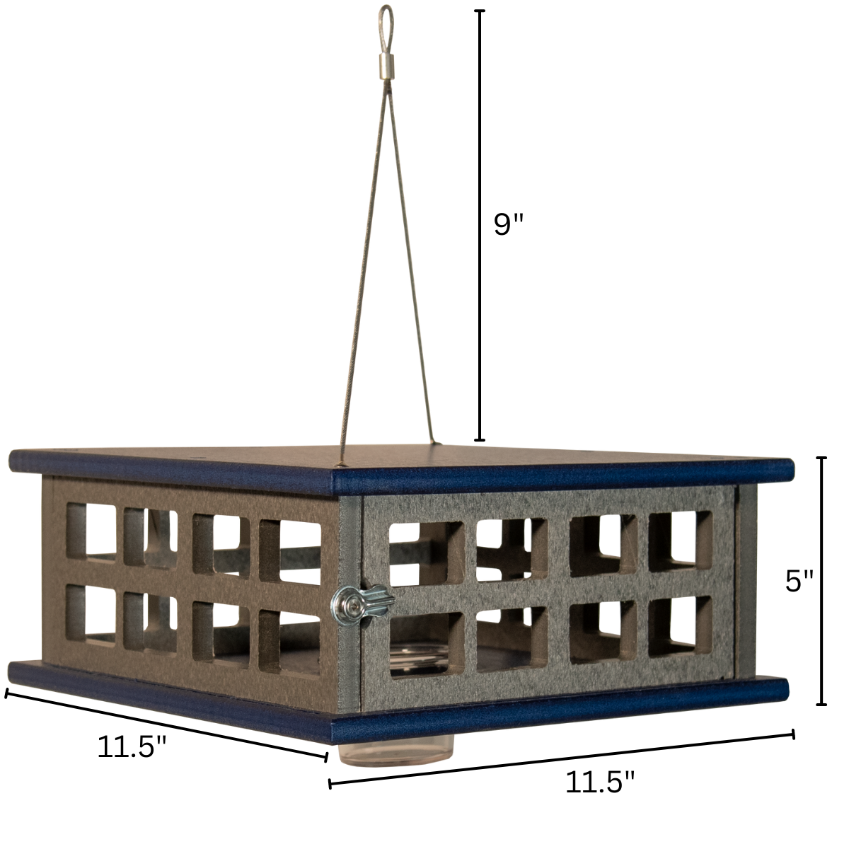 JCS Wildlife Recycled Poly Lumber Caged Platform Bluebird Feeder with dimensions 11.5"x11.5"x9" in blue and grey.