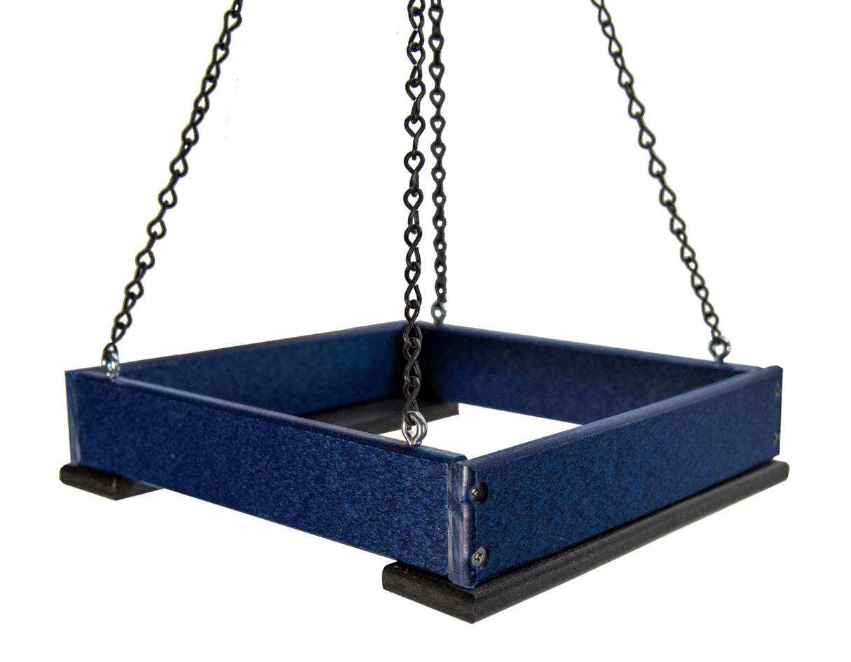 JCS Wildlife Medium Poly Lumber Hanging Platform Feeder in blue with chains for easy hanging.