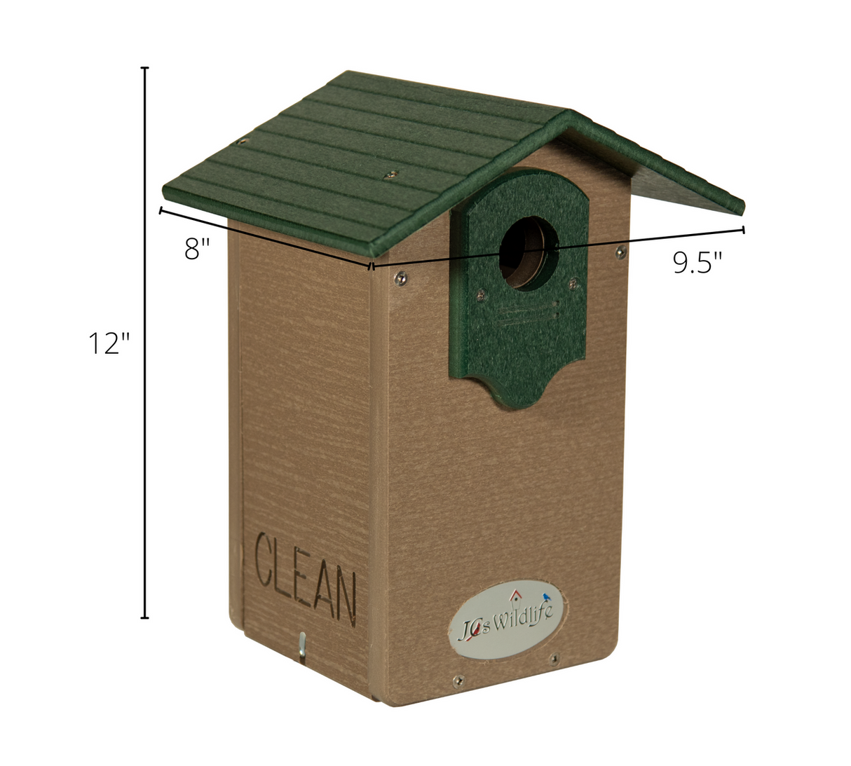 JOS Wildlife recycled plastic birdhouse features a green roof tan body and a circular entry hole against a white background