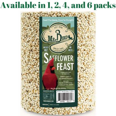 Mr. Bird Safflower Feast 5 lbs bird seed cylinder, available in 1, 2, 4, and 6 packs for feeding backyard cardinals.