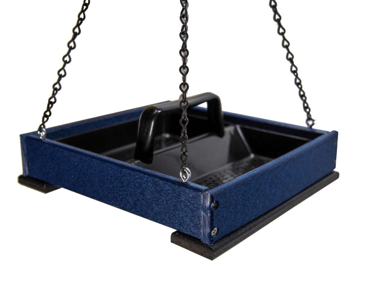 JCS Wildlife Medium Poly Lumber Hanging Platform Feeder in blue, perfect for attracting birds to your backyard.