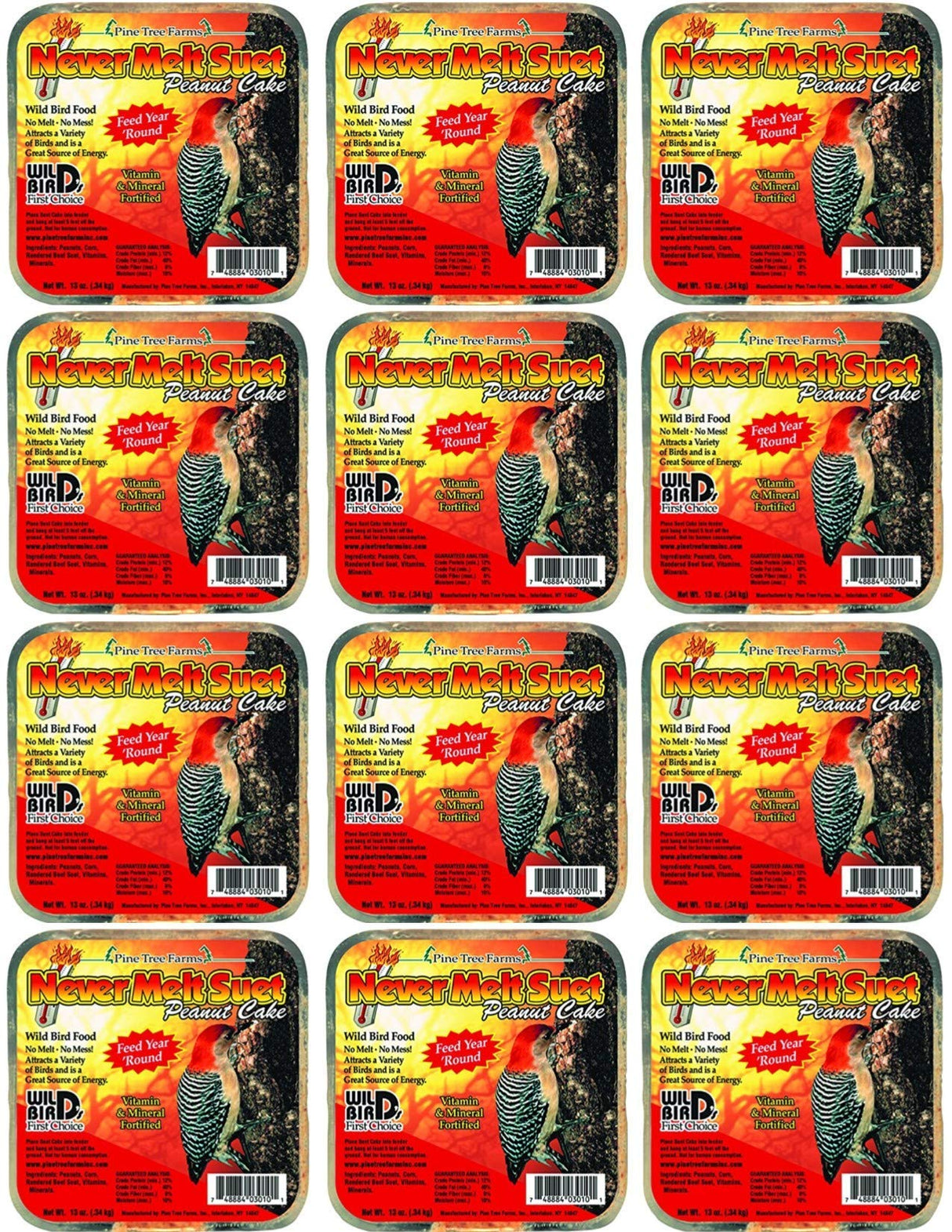 Pine Tree Farm's Never Melt Peanut Suet Cake 12 oz. pack, featuring multiple suet cakes for bird feeding.
