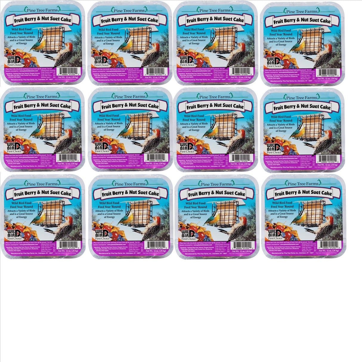 Fruit Berry & Nut Suet Cake by Pine Tree Farms 12 oz, ideal for attracting wild birds, shown in 12-pack arrangement.