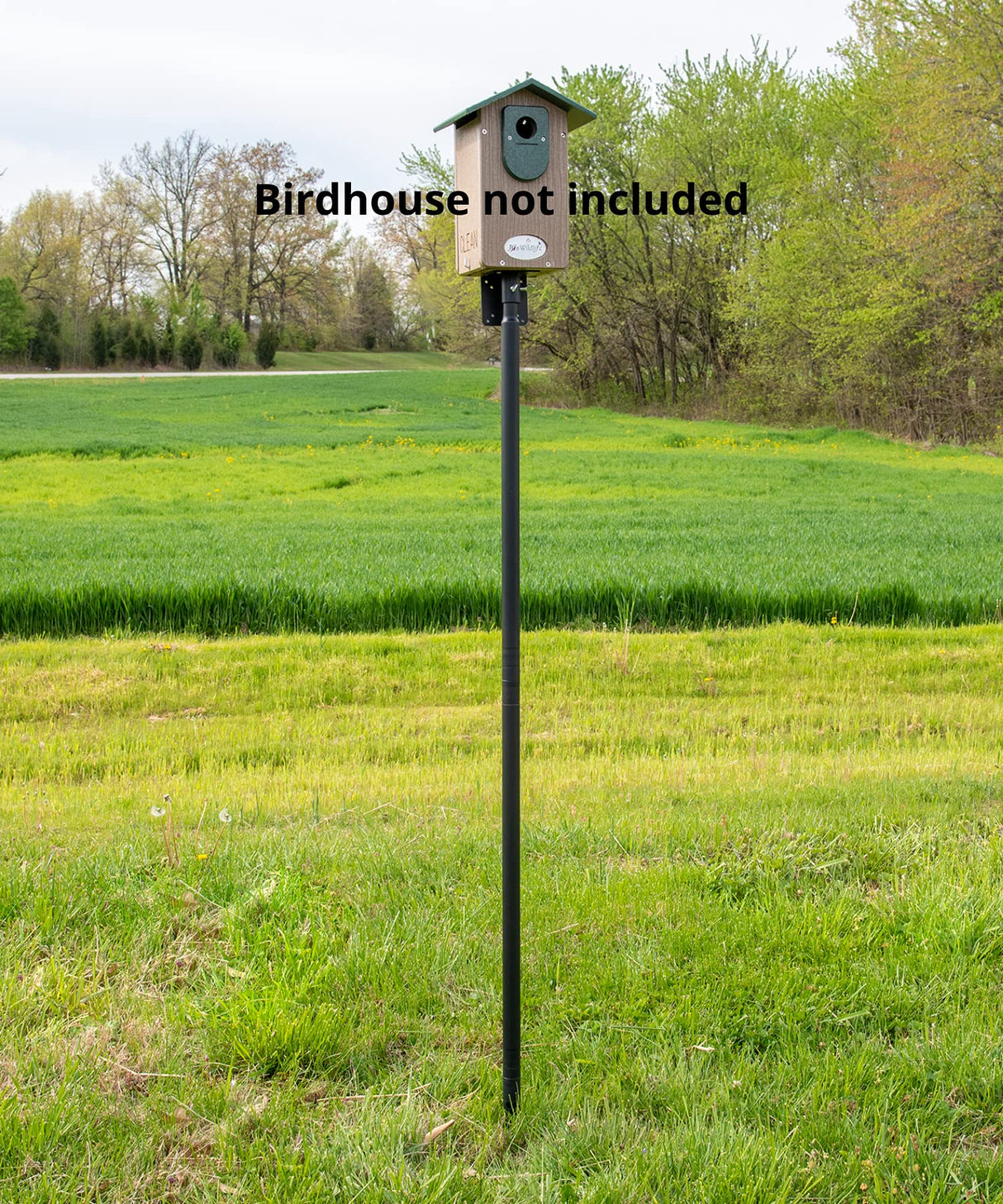 Universal Mounting Pole Kit with birdhouse placeholder in grassy field, showcasing heavy-duty design.