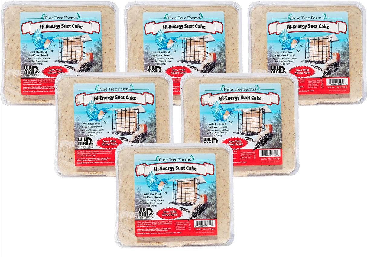 Pine Tree Farms Hi-Energy Suet Cake, 3-pound packs for wild birds, featuring ingredients like peanuts and sunflower seeds.