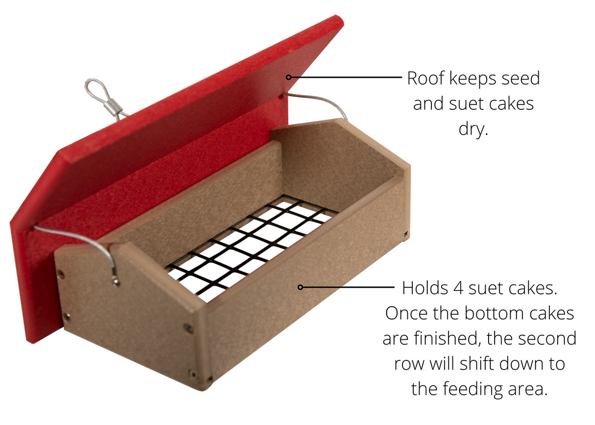 Recycled plastic bird feeder showing a red roof, tan base, and a black wire mesh bottom grid designed to hold four suet cakes.