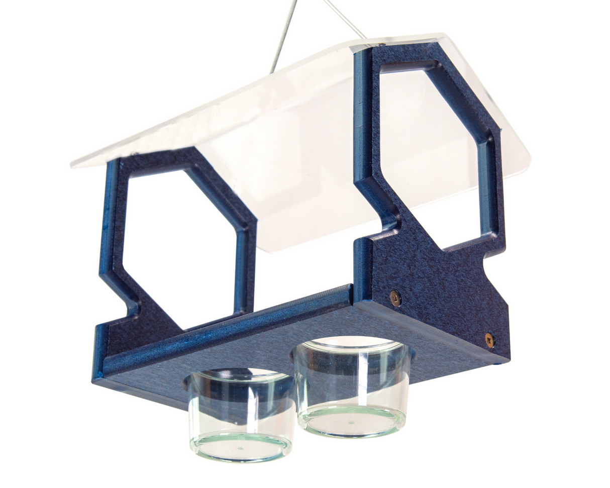 JCS Wildlife Geometric Hanging Bluebird Mealworm Feeder with transparent roof and plastic jars for mealworms.