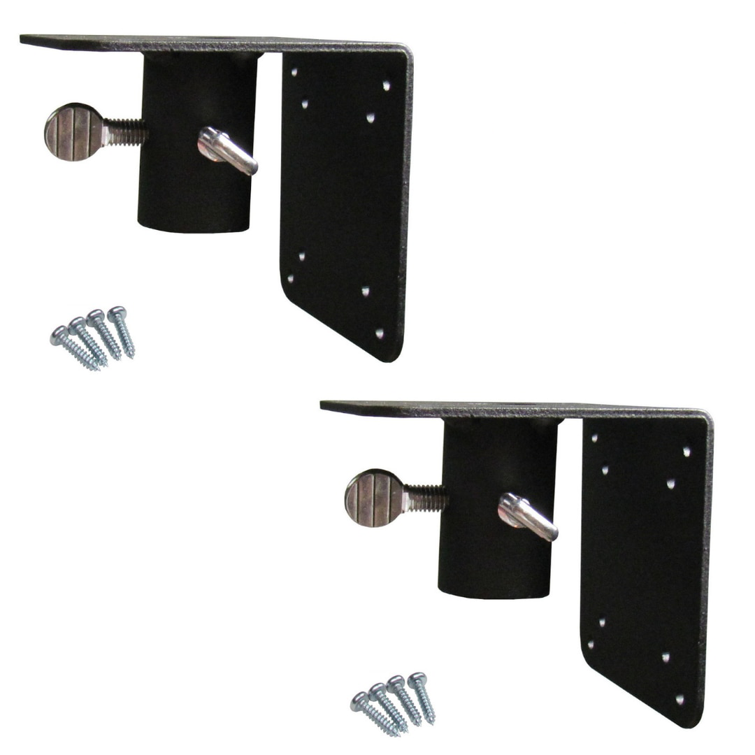 Product shot showing two black metal mounting brackets with silver screws and a knurled thumb screw detail
