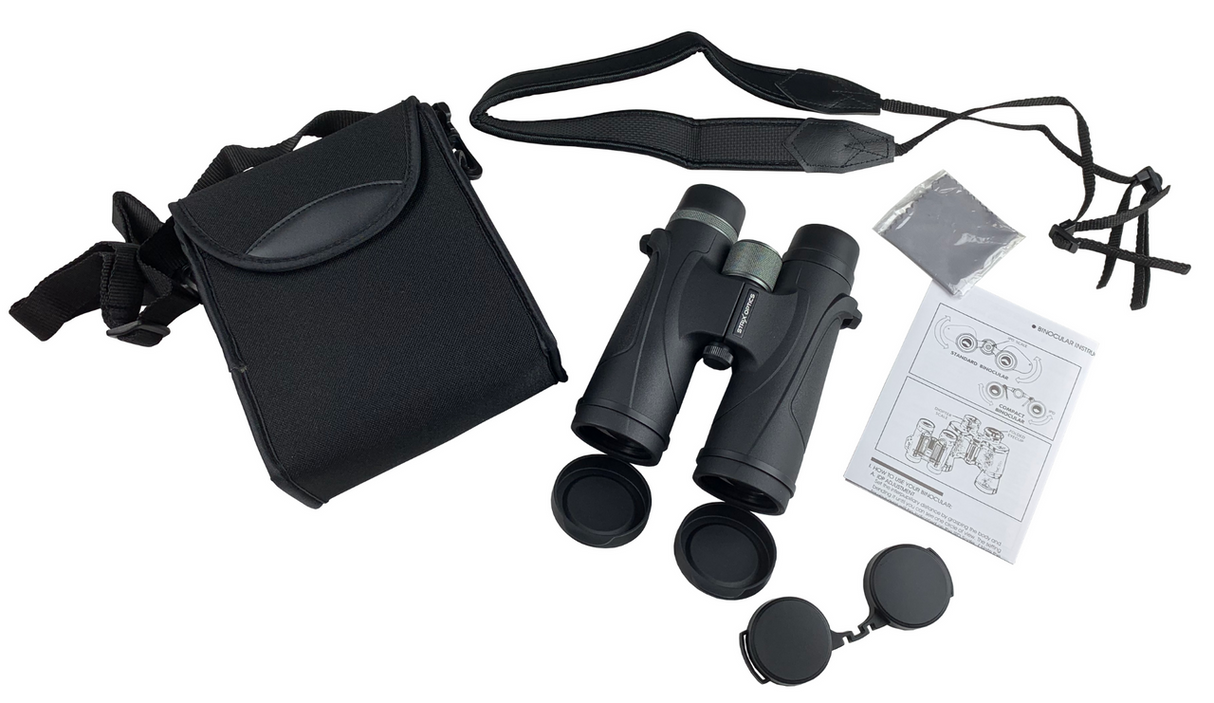 Strix Optics Sandpiper HD Birdwatching Binoculars 7075 8 x 42 with accessories, case, lens covers, and instruction manual