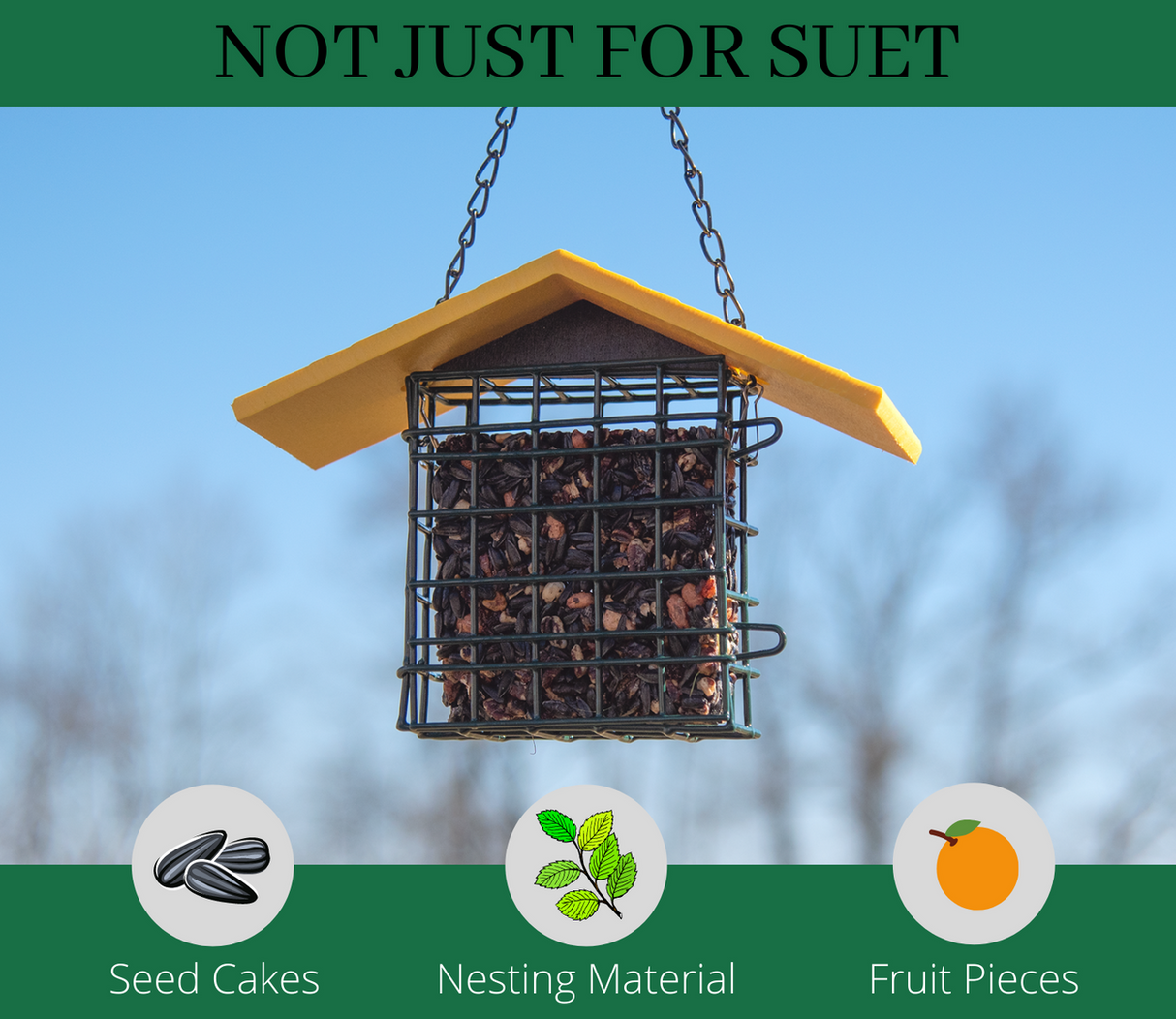 JCS Wildlife Single Suet Cage with Poly Lumber Roof displaying seed cakes, nesting material, and fruit pieces.
