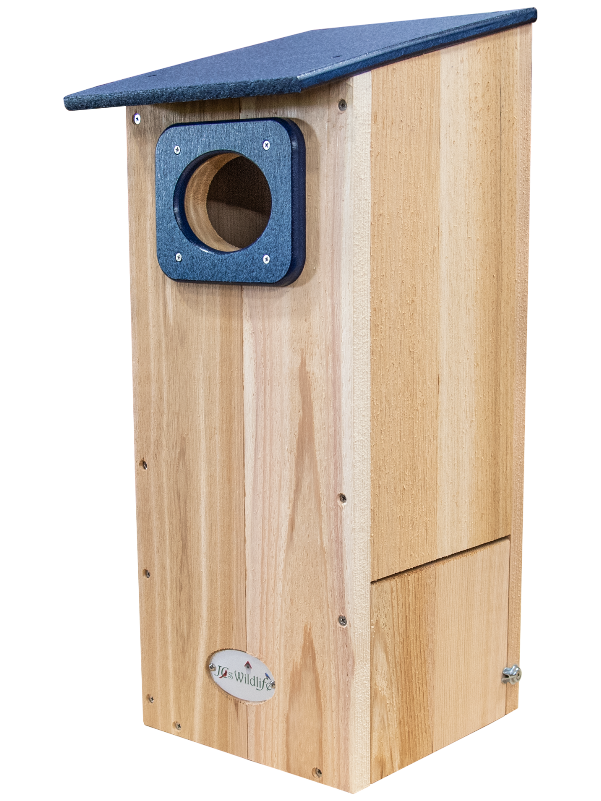 JCS Wildlife Cedar Wood Duck House with poly lumber roof and predator guard, perfect for cavity-nesting birds.