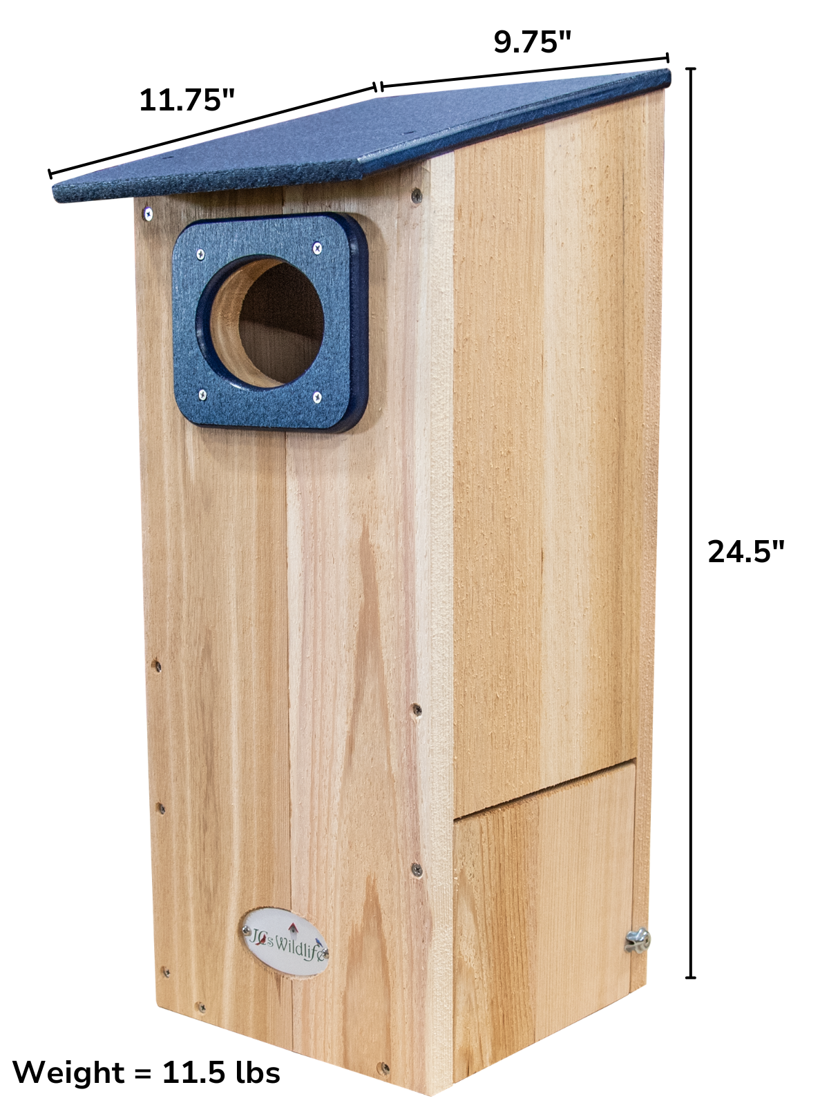 JCS Wildlife Cedar Wood Duck House showcasing dimensions, 4" entrance hole, and recycled poly lumber roof.