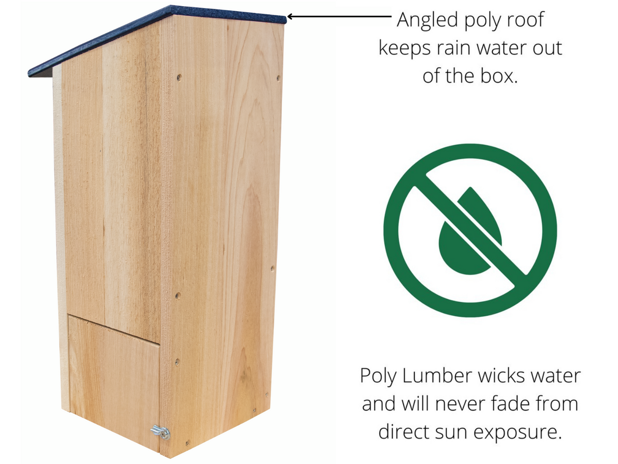JCS Wildlife Cedar Wood Duck House features a poly lumber roof that prevents water entry and reduces sun fading.