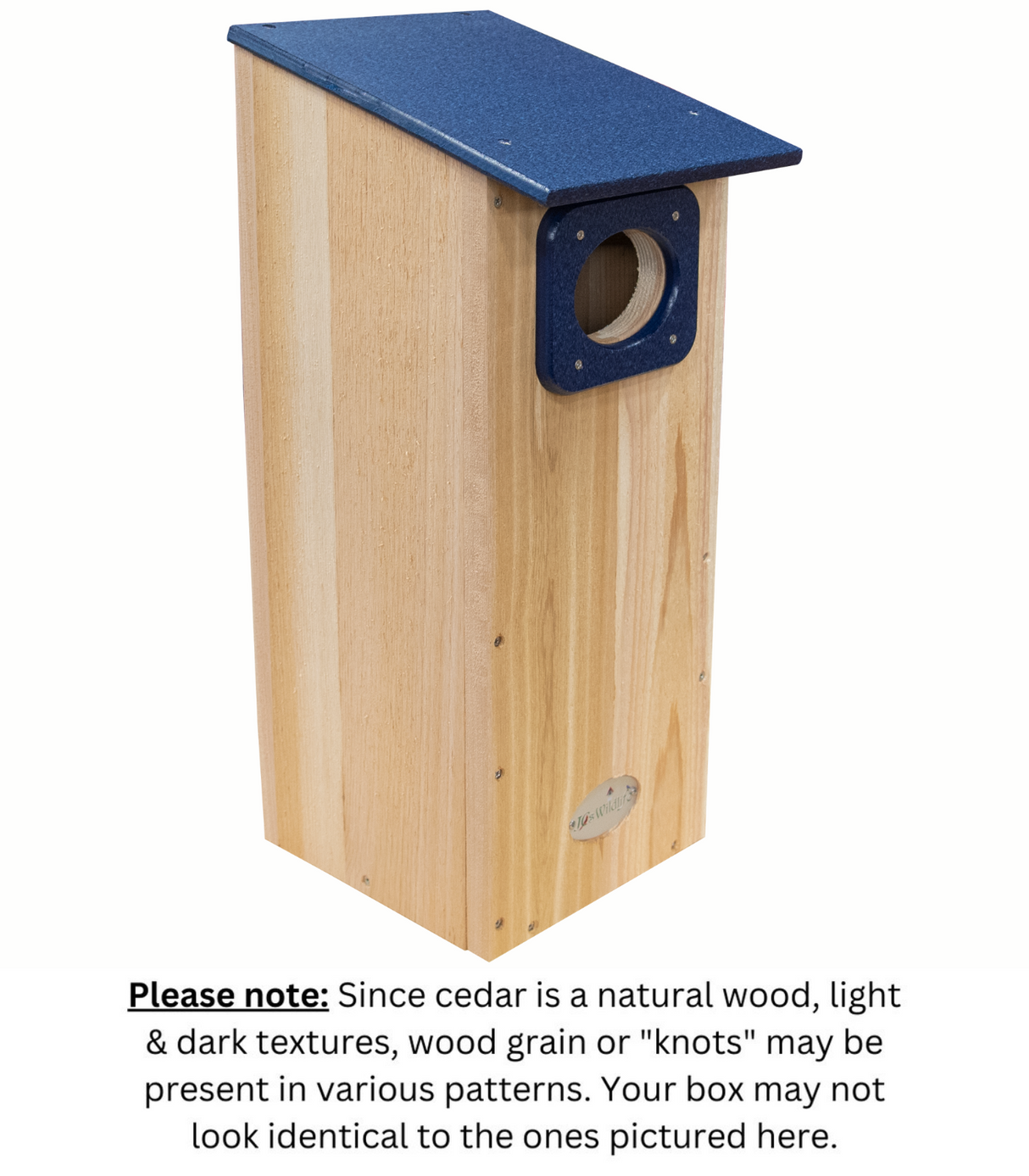 JCS Wildlife Cedar Wood Duck House with recycled poly lumber roof for cavity-nesting birds.