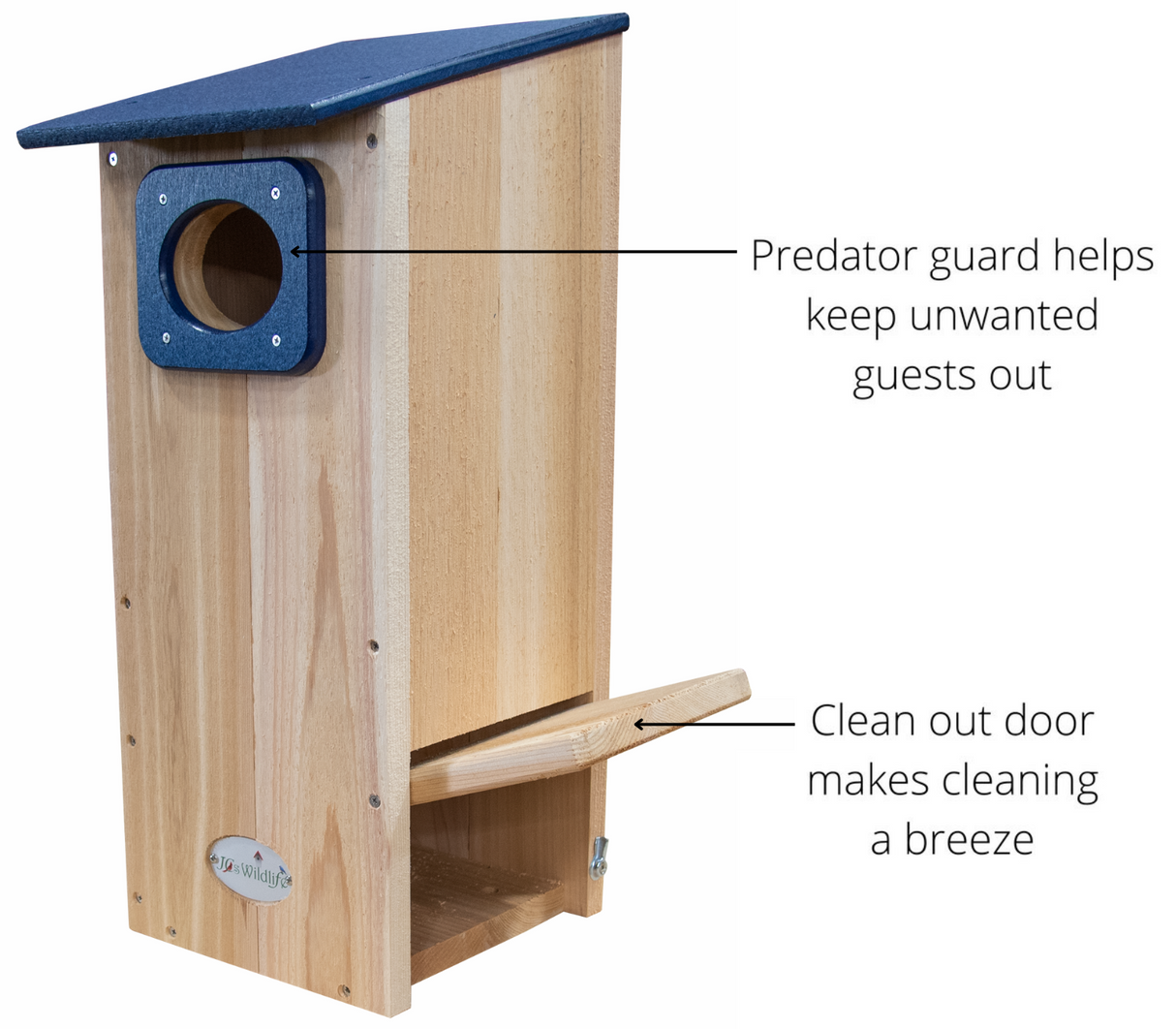 JCS Wildlife Cedar Wood Duck House features predator guard and easy-clean door for wood ducks and nesting birds.