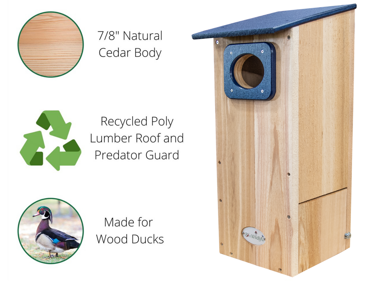 JCS Wildlife Cedar Wood Duck House with recycled poly lumber roof and predator guard for wood ducks.