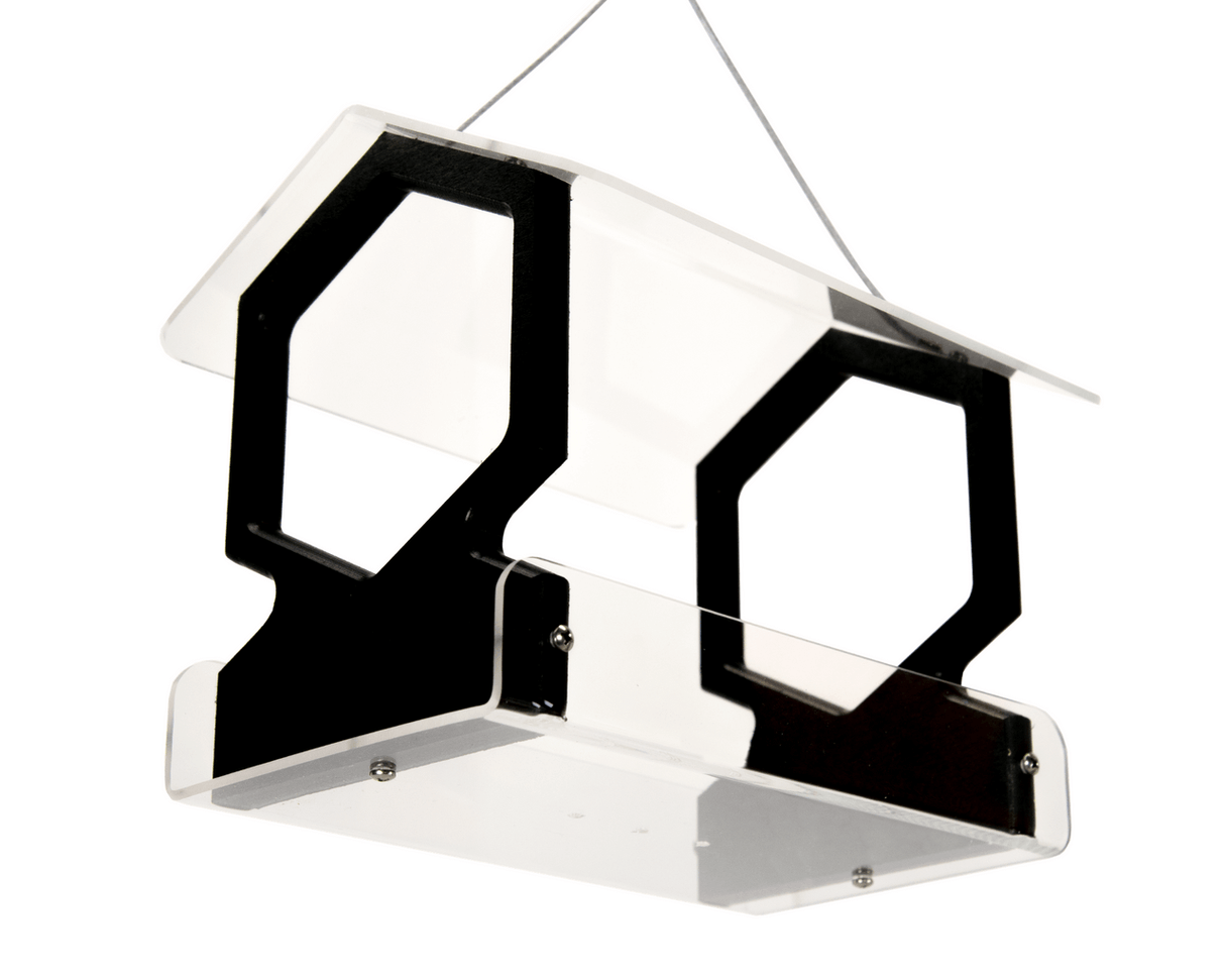 Acrylic bird feeder with hexagonal openings and black accents hanging against a white background