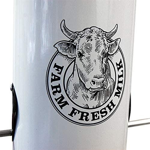 Farm Fresh Milk graphic on Woodlink Milkhouse Milk Can Seed Feeder, vintage style, white enamel design.